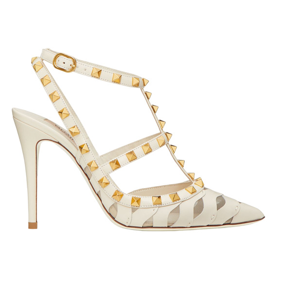 Valentino Rockstud Ivory Wave Embroidery Gold Ankle Strap Classic Heel Pump 41